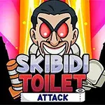 Kırmızı gözlü bir karakterin büyük harflerle yazılmış SKIBIDI TOILET ATTACK yazısının üzerinde yer aldığı renkli ve çizgi film tarzında bir illüstrasyon