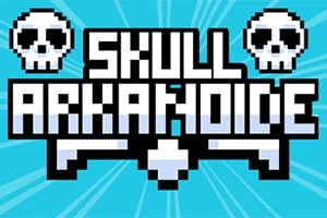 Piksel tarzında tasarlanmış iki kafatası simgesi ve Skull Arkanoid yazısı