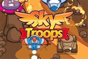 Renkli araçlar ve ortada Sky Troops yazısı bulunan çizgi film tarzı bir sahne