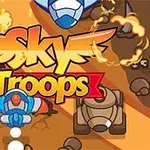 Renkli araçlar ve ortada Sky Troops yazısı bulunan çizgi film tarzı bir sahne