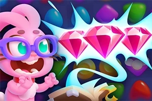 Pembe gözlüklü sevimli bir karakter, üç pembe elmasa hayranlıkla bakıyor
