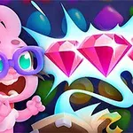 Pembe gözlüklü sevimli bir karakter, üç pembe elmasa hayranlıkla bakıyor