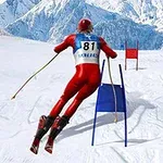 Karlı dağlık bir ortamda kırmızı kıyafetli bir kayakçı mavi kapıdan geçiyor