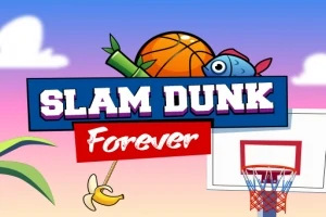 Basketbol topu tutan bir balık ve pota, üzerinde Slam Dunk Forever yazılı pankartla pastel tonlarındaki arka plan önünde