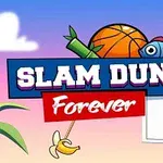 Basketbol topu tutan bir balık ve pota, üzerinde Slam Dunk Forever yazılı pankartla pastel tonlarındaki arka plan önünde