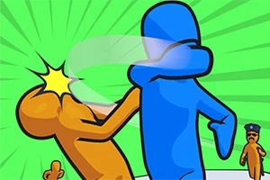 Yeşil arka planda mavi bir figür, turuncu bir figüre vuruyor