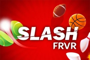 Kırmızı arka plan üzerinde SLASH FRVR metni ve çeşitli spor topları ile bir badminton tüytopu yer almakta