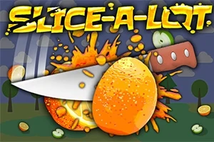 Bir bıçağın ortadan ikiye böldüğü portakalın patladığı an, arka planda yarım kalmış meyve dilimleri ve SLICE-A-LOT yazısı