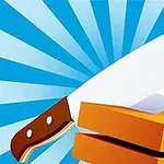 Mavi çizgili bir arka plan üzerinde bir bıçak, turuncu ve sarı blokları kesiyor