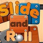 Tahta dokulu arka planda renkli harflerle Slide and Roll yazısı bulunan ve metal bir top içeren grafik