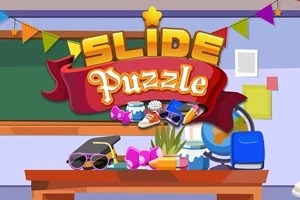 Renkli bir bayrak dizisi ve Slide Puzzle yazısının bulunduğu, üzerinde çeşitli eşyalar olan bir masa resmi