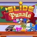 Renkli bir bayrak dizisi ve Slide Puzzle yazısının bulunduğu, üzerinde çeşitli eşyalar olan bir masa resmi