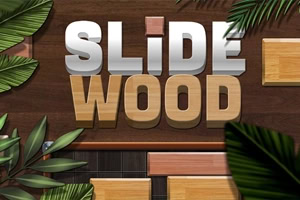 Ahşap zemin üzerinde SLIDE WOOD yazısı, etrafında yeşil yapraklar ve kaydırmalı ahşap bloklar