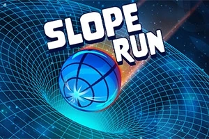 Mavi bir topun, ızgara desenli bir eğim üzerinde hareket ettiği dijital bir zemin üzerinde, üst kısımda büyük beyaz harflerle SLOPE RUN yazısı