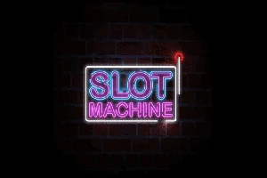 Neon ışıklı Slot Machine yazısı, karanlık bir arka planda yer alıyor