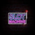 Neon ışıklı Slot Machine yazısı, karanlık bir arka planda yer alıyor