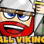 Kırmızı sakallı, miğferli bir Viking karakteri gülümserken, elinde kılıç tutuyor