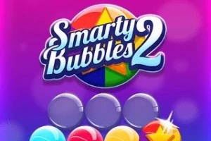 Renkli baloncukların ve büyük bir yıldızın merkezi olan mor arka plan üzerinde Smarty Bubbles 2 yazısı