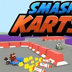 Renkli karting arabaları, karikatür hayvan karakterleri ve yukarıda büyük harflerle yazılmış Smash Karts başlığı