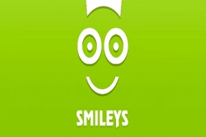 Yeşil arka plan üzerinde beyaz gözler ve gülümseyen ağız şeklinde basit bir yüz ifadesi, altında SMILEYS yazısı