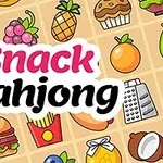 Farklı atıştırmalık ve meyve ikonlarıyla dolu bir zeminde Snack Mahjong metni