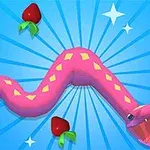 Pembe zemin üstünde sarı lekeli pembe bir yılan, çevresinde kırmızı meyveler ve parlayan yıldızlar