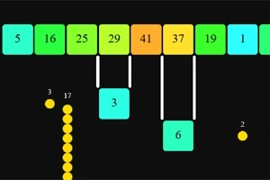 Siyah arka plan üzerinde numaralandırılmış renkli kare bloklar ve sarı top sıraları