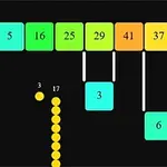 Siyah arka plan üzerinde numaralandırılmış renkli kare bloklar ve sarı top sıraları
