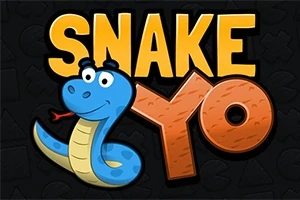 Mavi çizgi film yılanı, siyah zemin önünde sarı ve turuncu büyük harflerle SNAKE YO yazısının yanında