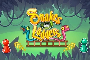 Renkli arka plan üzerinde iki yılan ve ortasında Snakes and Ladders yazısı, çevresinde ise kırmızı ve yeşil oyun piyonları