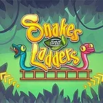 Renkli arka plan üzerinde iki yılan ve ortasında Snakes and Ladders yazısı, çevresinde ise kırmızı ve yeşil oyun piyonları