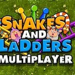 Renkli yılanlar ve merdivenlerin önünde Snakes and Ladders Multiplayer yazısı, çimenli bir arka planın üzerine yerleştirilmiş
