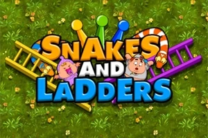 Yeşil çimen zemin üzerinde, rengarenk merdivenler ve bir yılan ile dolu, üzerinde Snakes and Ladders yazılı bir görsel