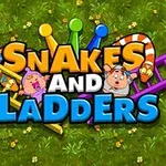 Yeşil çimen zemin üzerinde, rengarenk merdivenler ve bir yılan ile dolu, üzerinde Snakes and Ladders yazılı bir görsel