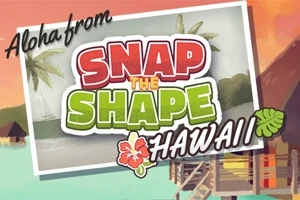 Hawaii sahilinde palmiye ağaçları ve ahşap kütük evlerin yer aldığı bir temanın üzerinde Aloha from Snap the Shape Hawaii yazısı