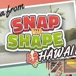 Hawaii sahilinde palmiye ağaçları ve ahşap kütük evlerin yer aldığı bir temanın üzerinde Aloha from Snap the Shape Hawaii yazısı