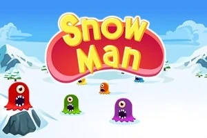 Kar ve dağlarla çevrili bir manzarada, çeşitli renklerde tek gözlü sevimli canavarlar ve üstte Snow Man yazısı