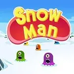 Kar ve dağlarla çevrili bir manzarada, çeşitli renklerde tek gözlü sevimli canavarlar ve üstte Snow Man yazısı