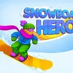 Karlı bir yamaçta snowboard yapan renkli giyimli bir kişi ve üstünde büyük harflerle yazan SNOWBOARD HERO yazısı