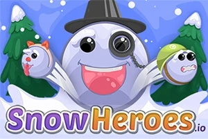 Mor ve beyaz tonlarında gülen bir kardan topu, şapka ve monokl takarken iki küçük kardan topunu tutuyor; arka planda karlı ağaçlar var ve altta Snow Heroes yazısı yer alıyor
