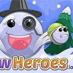 Mor ve beyaz tonlarında gülen bir kardan topu, şapka ve monokl takarken iki küçük kardan topunu tutuyor; arka planda karlı ağaçlar var ve altta Snow Heroes yazısı yer alıyor