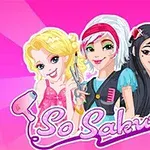 Üç genç kız, pembe arka plan üzerinde, kuaför ve makyaj malzemeleri ile poz veriyor
