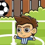 Yeşil bir futbol sahasında çizgi karakter, havada bir futbol topuyla birlikte