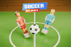 Yeşil futbol sahasında iki masa futbolu figürü, ortada futbol topu ve arka planda Soccer Blast yazılı tabela