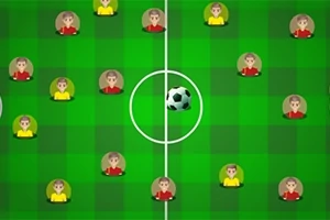 Yeşil zemin üzerinde sarı ve kırmızı formalı küçük insan figürleri ve ortada bir futbol topu