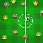 Yeşil zemin üzerinde sarı ve kırmızı formalı küçük insan figürleri ve ortada bir futbol topu