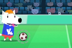 Beyaz tüylü köpek, yeşil renkli bir futbol sahasında mavi tişörtle futbol topuna bakıyor, arkada hayvan figürleriyle dolu tribünler bulunuyor