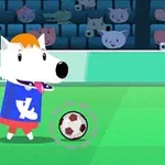 Beyaz tüylü köpek, yeşil renkli bir futbol sahasında mavi tişörtle futbol topuna bakıyor, arkada hayvan figürleriyle dolu tribünler bulunuyor