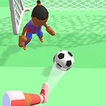 Yeşil bir sahada, kırmızı ve mavi çizgili formalar giyen iki oyuncu ve bir futbol topuyla kalenin önünde duran figürler