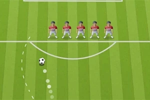 Yeşil çim üzerinde duran futbol topu ve kırmızı formalı beş futbolcudan oluşan baraj